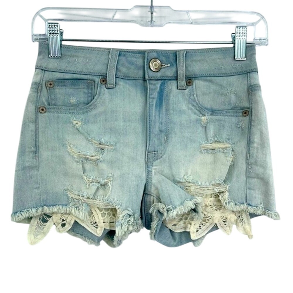 American Eagle Denim Shorts Womens 00 Blue Hi Rise Shortie Distressed Lace Trim